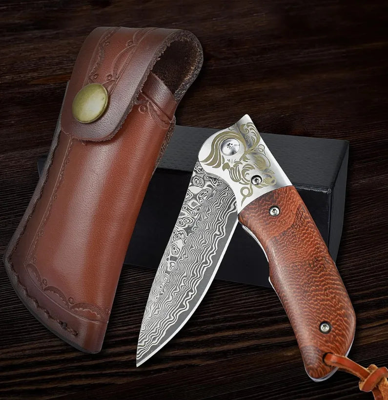Shadowcrest VG10 Damascus Folding Knife – EDC Pocket Blade with Wooden Handle & Clip