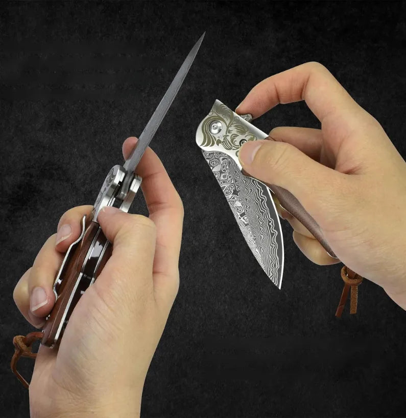 Shadowcrest VG10 Damascus Folding Knife – EDC Pocket Blade with Wooden Handle & Clip