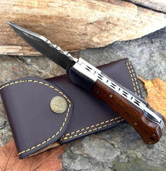 TimberEdge Damascus Folding Knife – 6.5″ Handmade Back Lock Blade with Walnut Wood Handle