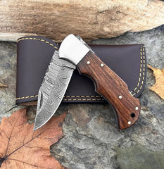 TimberEdge Damascus Folding Knife – 6.5″ Handmade Back Lock Blade with Walnut Wood Handle