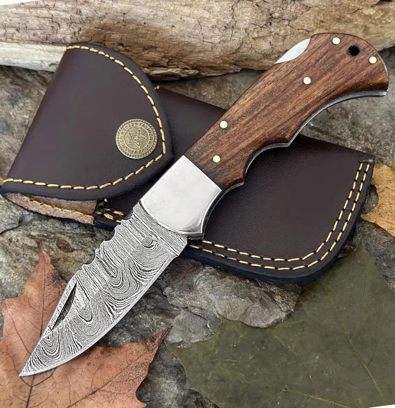 TimberEdge Damascus Folding Knife – 6.5″ Handmade Back Lock Blade with Walnut Wood Handle