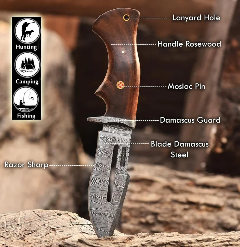 Timberline Damascus Fixed Blade Skinning Knife for Bushcraft & EDC with Walnut Handle
