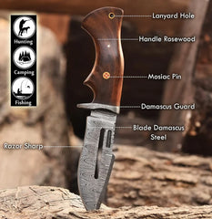 Timberline Damascus Fixed Blade Skinning Knife for Bushcraft & EDC with Walnut Handle