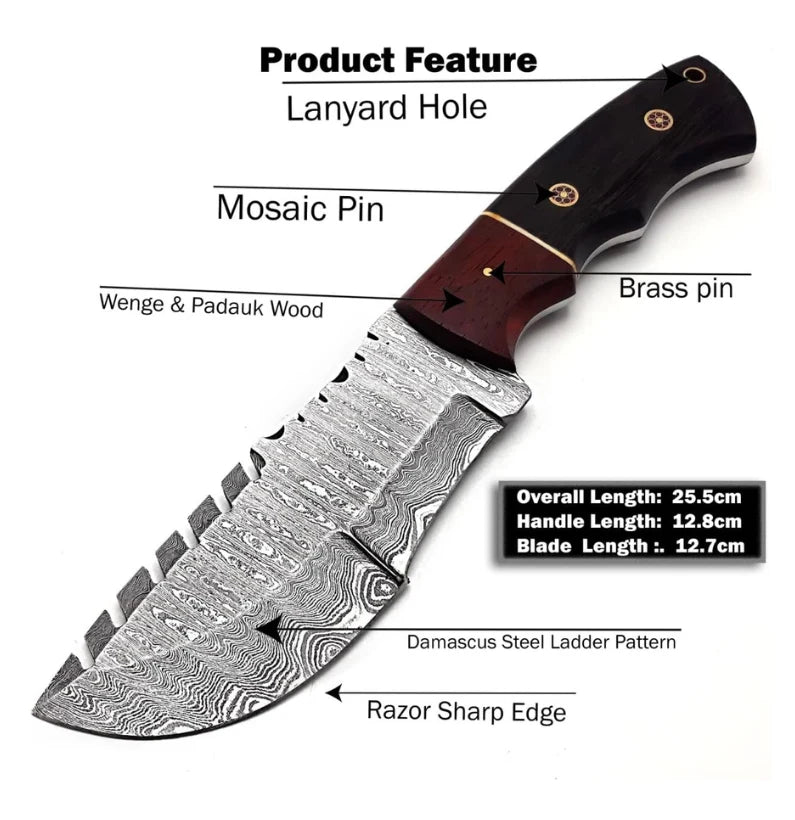 TrackerPro 10″ Damascus Fixed Blade Hunting Knife – Scout Carry Sheath