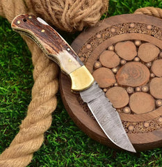 TwistHorn Damascus Folding Knife with Stag Handle & Sheath
