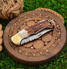 TwistHorn Damascus Folding Knife with Stag Handle & Sheath