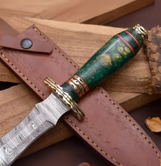 Handmade Damascus Steel Athame Knife with Green Resin Handle