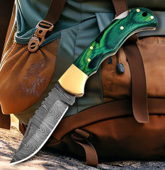 VerdantForge Damascus Folding Knife – 6.5″ Handmade with Green Wood
