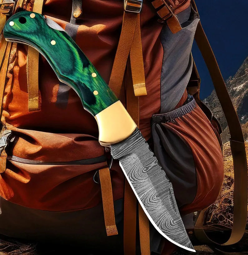 VerdantForge Damascus Folding Knife – 6.5″ Handmade with Green Wood
