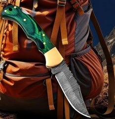 VerdantForge Damascus Folding Knife – 6.5″ Handmade with Green Wood