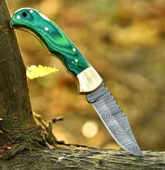VerdantForge Damascus Folding Knife – 6.5″ Handmade with Green Wood