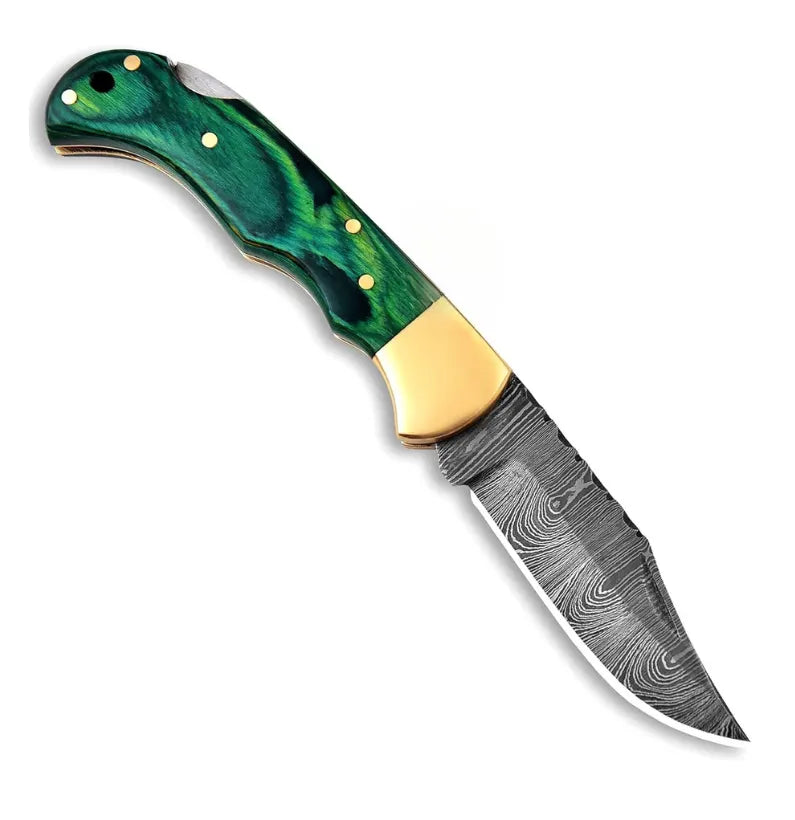 VerdantForge Damascus Folding Knife – 6.5″ Handmade with Green Wood