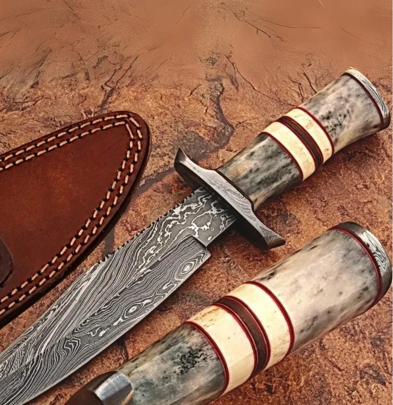 White Deer Classic Damascus Bowie Knife with Bone Handle