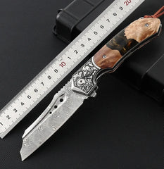 olver Legacy Damascus Folding Knife – Olive Burl Resin Grip