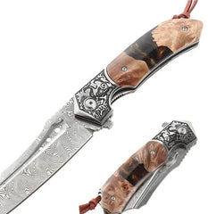 olver Legacy Damascus Folding Knife – Olive Burl Resin Grip